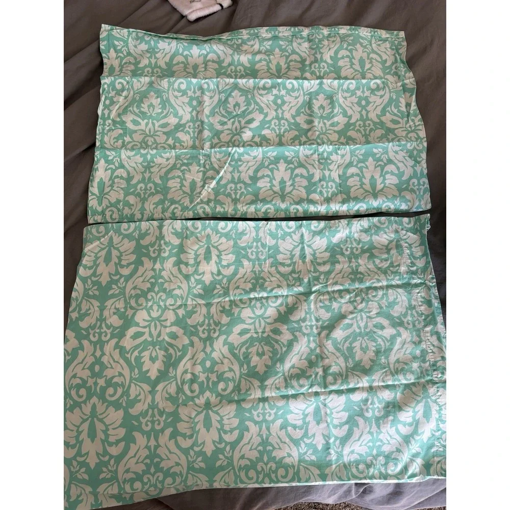 Pottery Barn Dorm Full Sheet Set Pool Damask W/ Aqua‎ Dots Duvet And Shams